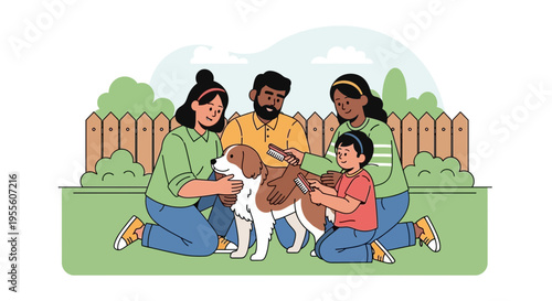 Family grooming dog in backyard, happy pet care, outdoor bonding, summer day