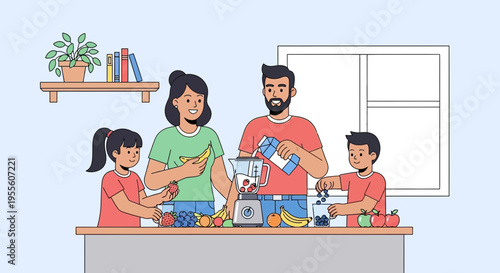 Family Making Smoothie Together in Kitchen