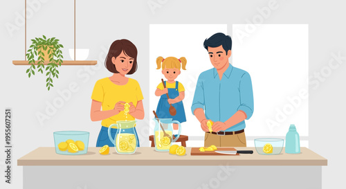 Family making lemonade together in the kitchen, happy summer activity