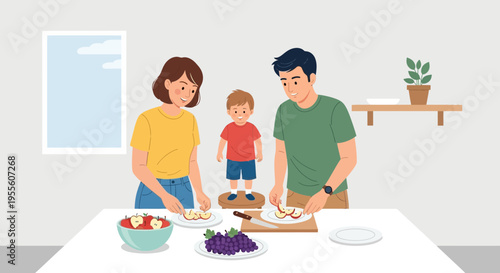 Family preparing healthy fruit salad together in kitchen, happy parents and child