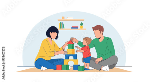 Family playing with colorful building blocks, happy parents and child bonding time