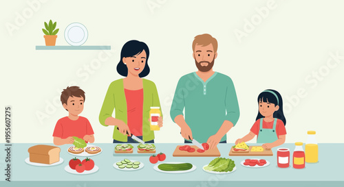Family preparing sandwiches together in the kitchen, healthy food, home cooking
