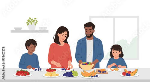 Family Preparing Healthy Fruit Salad Together in Kitchen