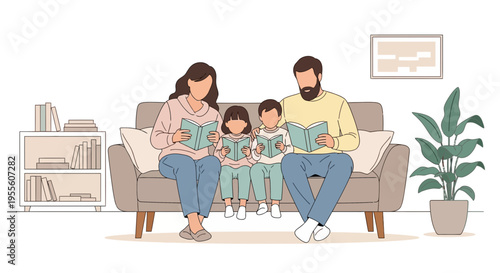 Family reading books together on sofa, cozy home atmosphere, education and bonding