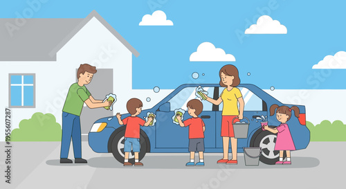 Family washing car together on a sunny day, outdoor activity, bonding, chores, summer fun