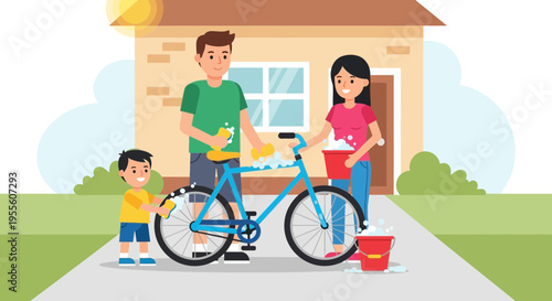 Family washing bicycle together in front of house on sunny day