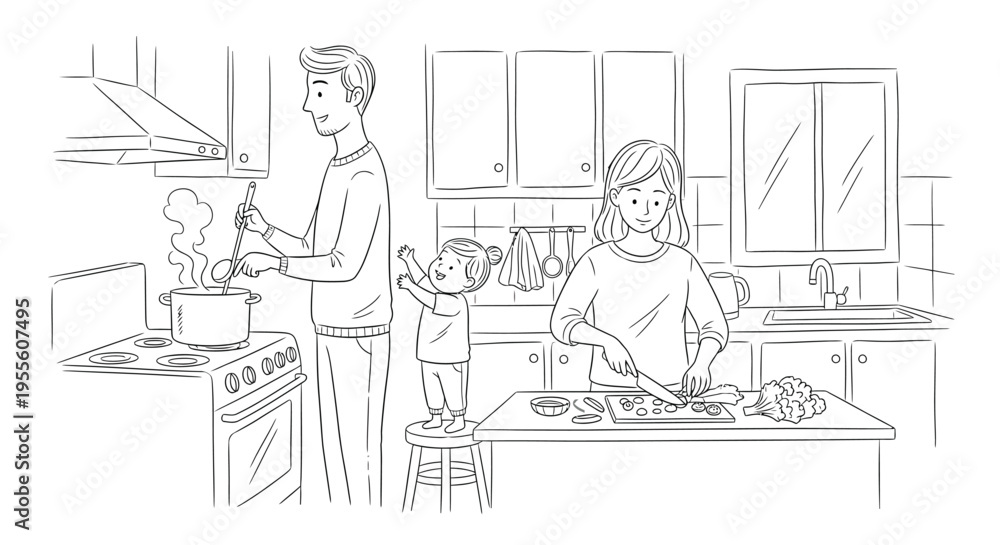 Fototapeta premium A happy family consisting of a father stirring a pot on the stove a mother diligently chopping fresh vegetables on the counter and their young child watching them intently from a stool all engaged in