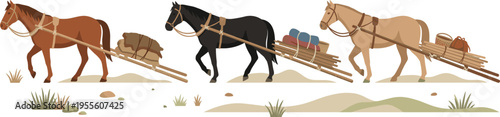 Pack Horses Carrying Supplies Across a Desert Landscape, Including Bags, Logs, and Gear for Wilderness Adventure and Exploration