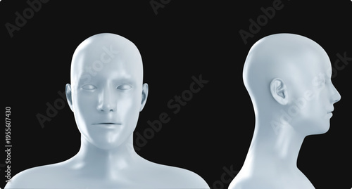 White 3D human head mannequin in front and side profile view, isolated on solid black background. Vector 3D rendering for medical research, science, and cosmetic industry visuals.