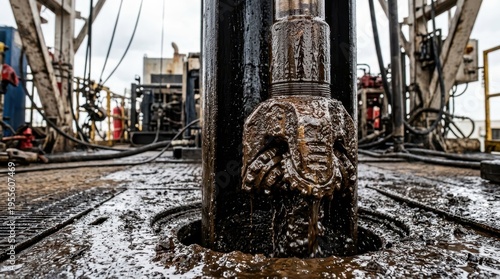 Close-Up of Oil Rig Drill Bit Surrounded by Mud and Water