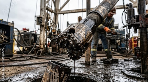 Oil drilling equipment with worker on site in industrial setting