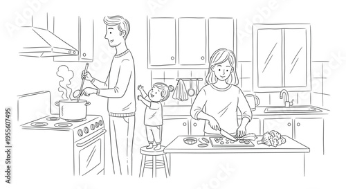A happy family consisting of a father stirring a pot on the stove a mother diligently chopping fresh vegetables on the counter and their young child watching them intently from a stool all engaged in 
