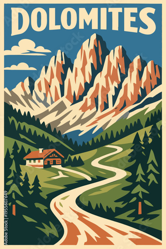 Dolomites Italy Vintage Travel Poster Alpine Landscape with Cabin