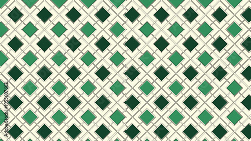 Seamless geometric pattern featuring layered diamond shapes in rich green shades on a soft cream background, perfect for modern textiles and decorative surfaces.