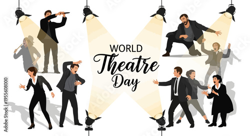 Illustration of people performing on stage with spotlights for World Theatre Day, celebrating theater arts and performing arts culture with a creative and lively mood.