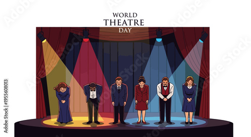 Illustration of actors on a stage with colorful spotlights for World Theatre Day, celebrating performing arts culture with a theatrical performance concept.