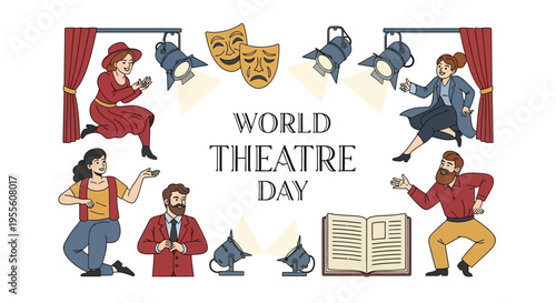 Illustration of various theater performers and elements celebrating World Theatre Day with a mix of colorful characters and stage-related objects on a white background.