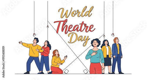 Illustration of a group of people celebrating World Theatre Day with a colorful theatrical performance concept on a white background.