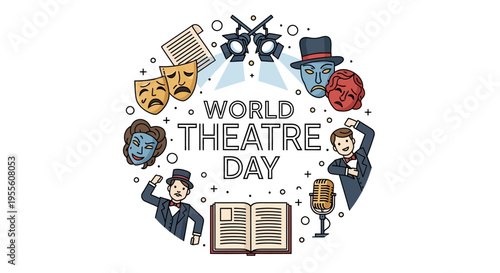 A colorful illustration celebrating World Theatre Day with various theater-related icons and symbols arranged around the central text.