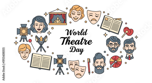 Illustration of World Theatre Day with various theater-related icons and characters on a white background, conveying a performing arts celebration.