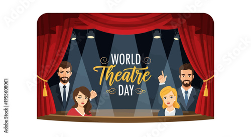Illustration of actors on stage celebrating World Theatre Day with a theatrical performance concept and stage background.