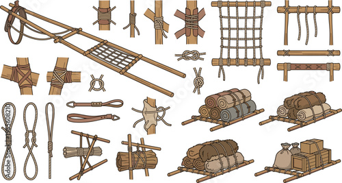 Set of Traditional Knots, Ropes, and Wooden Sticks for Crafting and Survival Gear, Including Lashing, Bundles, and Raft Construction