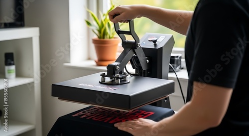 Person using a black heat press machine to print a red on a dark t-shirt indoors