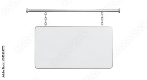Blank white sign hanging from a metal rod with chains isolated on transparent background