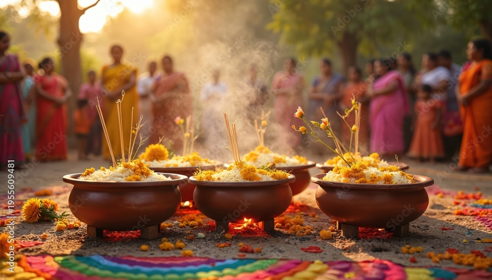 Fototapeta premium Indian family prepares sacred rice offering during Pongal harvest festivity. Incense smoke rises from clay pots with food, flowers, and grains, celebrating tradition and community spirit outdoors.