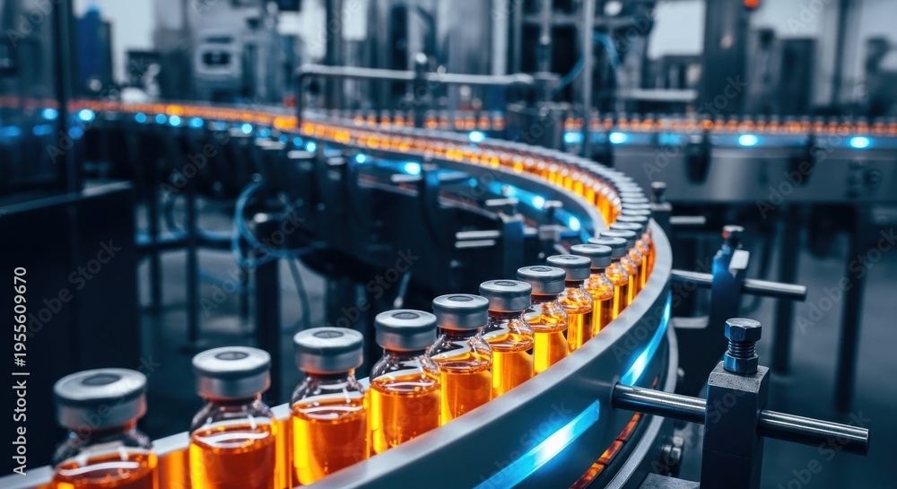 Obraz premium Vaccine bottles move along a production line in a factory setting with machinery.