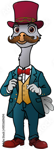 vintage gentleman ostrich mascot character in victorian suit with top hat and monocle, vector illustration