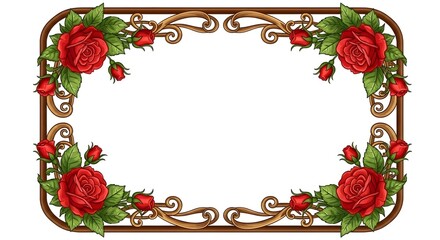 Vintage floral border frame with red roses and green leaves