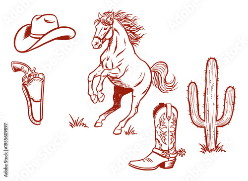 Wild west vintage artwork for t shirt. Cowboy horse and cactus design. Western elements for apparel and stickers. Texas desert adventure. Rodeo print.