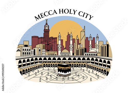 Mecca Holy City illustration. Al Haram Mosque artwork for t shirt. Kaaba vector graphic. Saudi Arabia travel poster. Islamic heritage design.