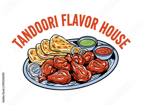 Tandoori chicken t shirt design. Indian food vintage artwork. Restaurant logo for apparel. Traditional tandoori flavor house. Spicy chicken platter.