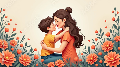 Loving mother hugging her little child surrounded by vibrant orange flowers in a warm embrace