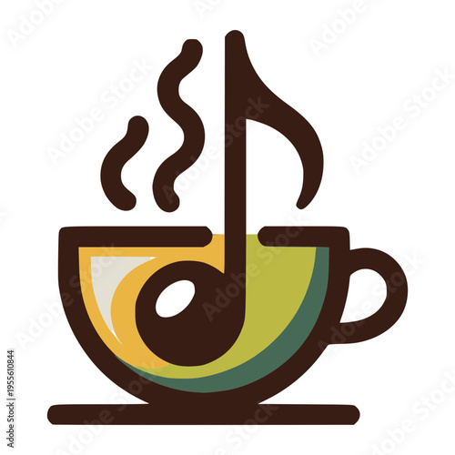 A Melodic Brew: A coffee cup elegantly adorned with a musical note, the steam rising like a symphony, blending the comfort of a warm beverage with the delight of music.