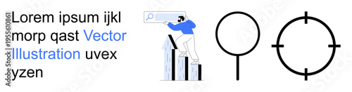 Data analysis, business strategy, search optimization, growth trends, target setting, online research. A person on a bar chart analyzes focus points. Search optimization and growth trends concept