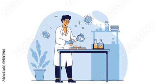 Scientist in Lab Coat Conducting Research with Microbes and Equipment