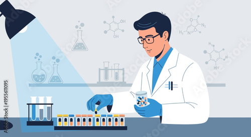 Scientist in Lab Coat Conducting Research with Test Tubes and Beakers Under Lamp