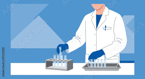 Scientist in lab coat conducts experiment with test tubes in rack and tray