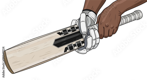 Cricket player hands holding cricket bat with white gloves
