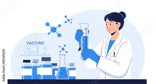 Scientist in lab coat conducts vaccine research with test tubes and molecular models