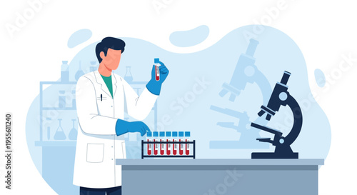 Scientist in lab coat examines blood sample in test tube, microscope and lab equipment background