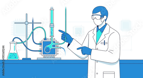 Scientist in Lab Coat Demonstrates Complex Chemical Experiment with Equipment and Microchips