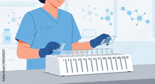 Scientist in lab coat examines samples in rack, molecular graphics in background