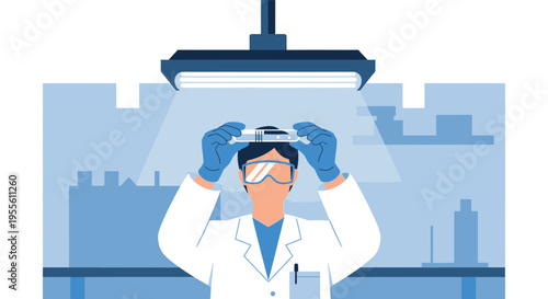 Scientist in Lab Coat Examines Sample Under Bright Light, Blue Tones