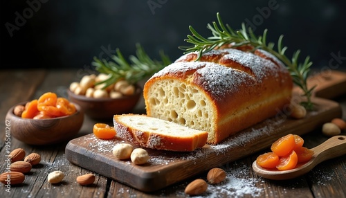 Artisan bread loaf with rosemary sprigs sits on wooden board. Sliced bread shows airy texture. Nuts and dried apricots are scattered around the rustic food presentation. Fresh baked goods.
