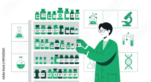 Scientist in lab coat examines medicine bottles on shelf with scientific icons in background