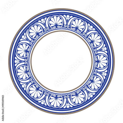 Oriental porcelain blue plate with ornament. Beautiful round frame arabesques. Plate with blue gold floral design. Vintage, ethnic vector frame EPS. Pattern frame for round surface, embroidery, plate